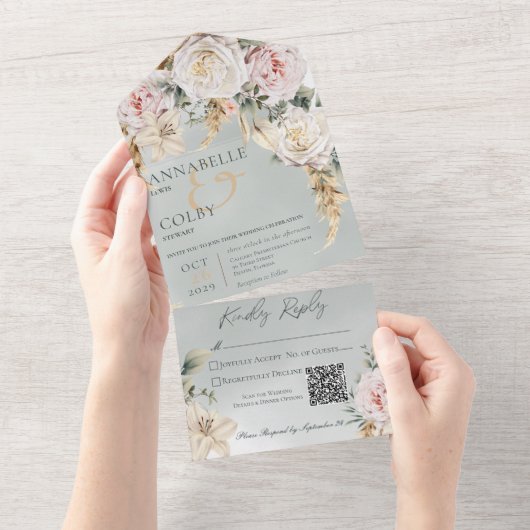 Invitation Tout En Un Boho Pampas & Roses roses vertes Code QR (Déchirure)