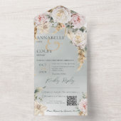 Invitation Tout En Un Boho Pampas & Roses roses vertes Code QR (À l'intérieur)