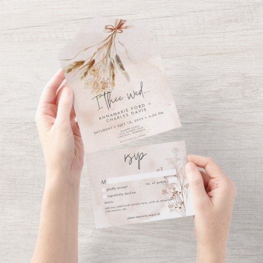 Invitation Tout En Un Boho Pampas rustique & Bouquet d'herbe séchée Pas (Déchirure)