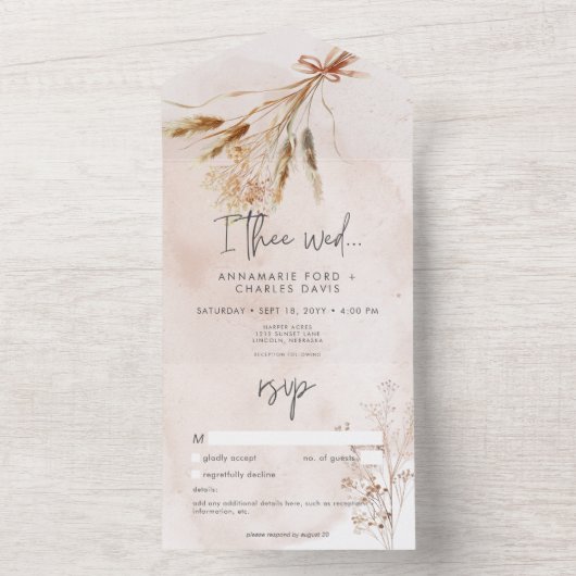 Invitation Tout En Un Boho Pampas rustique & Bouquet d'herbe séchée Pas (À l'intérieur)