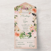 Invitation Tout En Un Boho Peach Floral Wreath & Feathers Dîner (À l'intérieur)