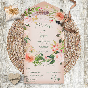 Invitation Tout En Un Boho Peach Floral Wreath & Feathers Dîner