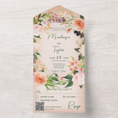 Invitation Tout En Un Boho Peach Floral Wreath & Feathers QR Code (À l'intérieur)
