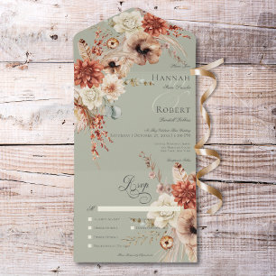 Invitation Tout En Un Boho Peach & Rust Floral & Feather Green Diner