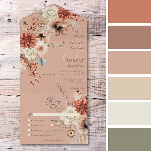 Invitation Tout En Un Boho Peach & Rust Floral & Feather Peach Diner