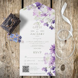 Invitation Tout En Un Boho pourpre Floral Blanc QR Code<br><div class="desc">DISPONIBLE AVEC OU SANS CODE QR. Cette décoration est composée de lavande, de fleurs sauvages blanches et violettes avec verdure. Ajoutez un code QR à votre invitation afin que les clients puissent accéder rapidement à votre site Web mariage pour obtenir des détails, des instructions, des options de menu, etc., ou...</div>
