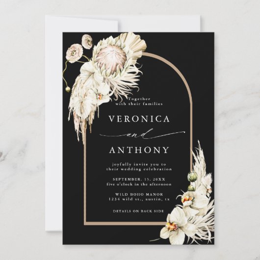 Invitation Tout en un Boho Protea Pampas Grass Mariage Noir (Devant)