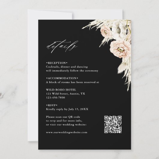 Invitation Tout en un Boho Protea Pampas Grass Mariage Noir (Dos)