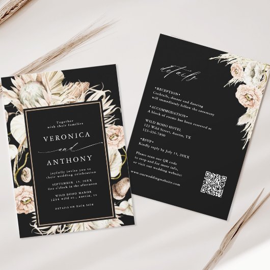 Invitation Tout en un Boho Protea Pampas Grass Mariage noir