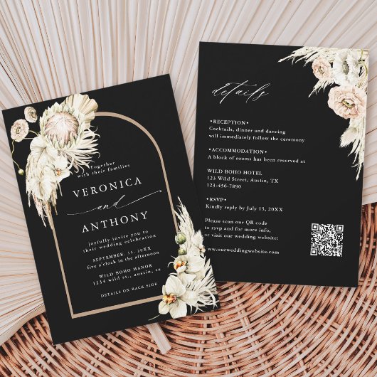 Invitation Tout en un Boho Protea Pampas Grass Mariage Noir