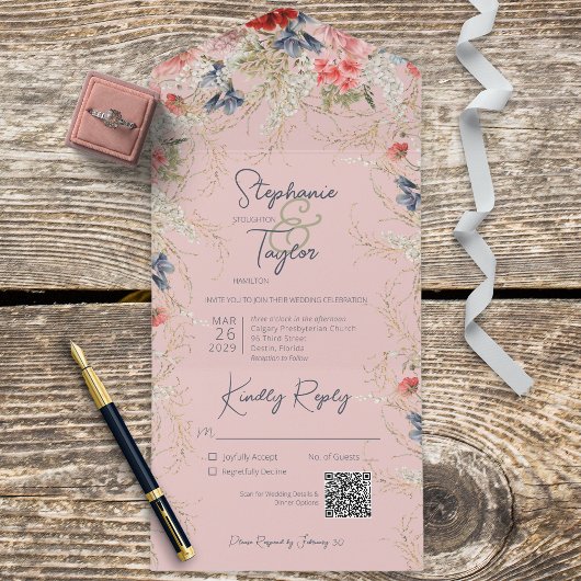 Invitation Tout En Un Boho rose et bleu Floral rose QR Code