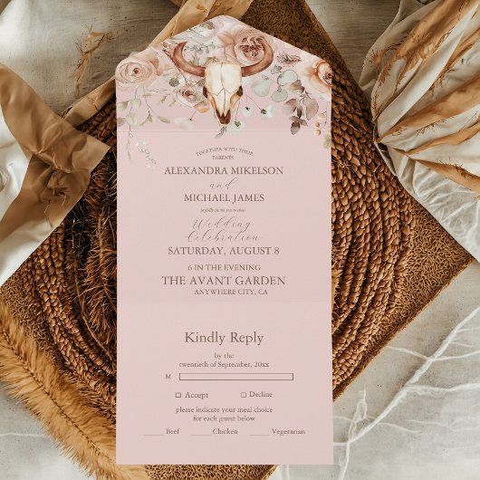 Invitation Tout En Un Boho rose Floral Mariage occidental