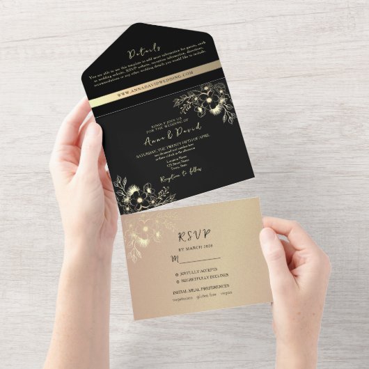 Invitation Tout En Un Boho Rose Gold et Black Mariage (Déchirure)