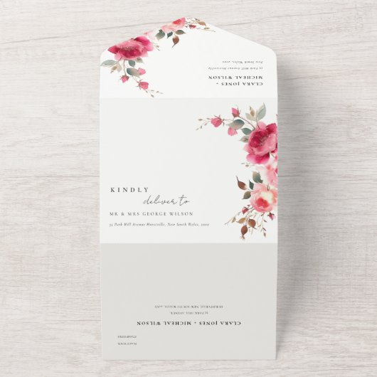 Invitation Tout En Un Boho Rouge Rose Fleurs Mariage d'aquarelle (Dehors)