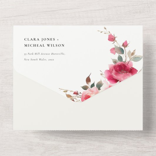 Invitation Tout En Un Boho Rouge Rose Fleurs Mariage d'aquarelle (Verso)