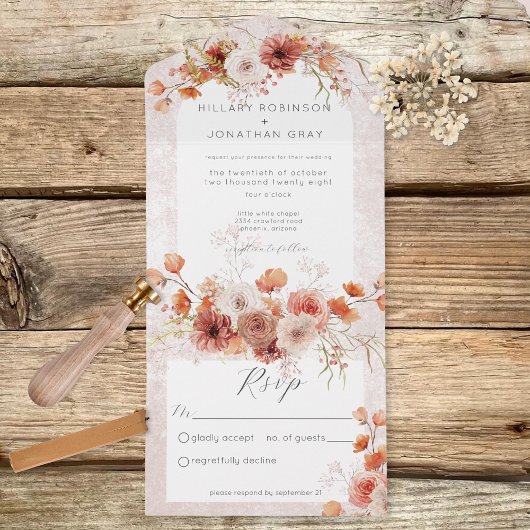 Invitation Tout En Un Boho rouille moderne & Neutres Floral Sans dîner
