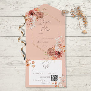 Invitation Tout En Un Boho Rust Fall Floral sur Peach QR Code