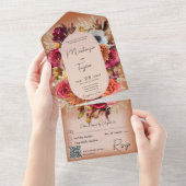Invitation Tout En Un Boho Rust Moderne Floral Wreath QR Code (Déchirure)