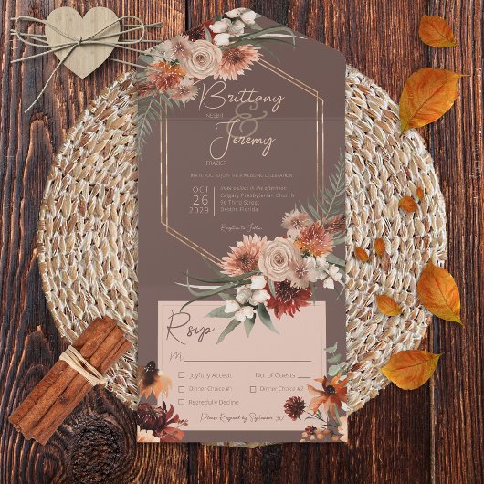Invitation Tout En Un Boho Rust & Neutral Fall Floral Dîner Brown