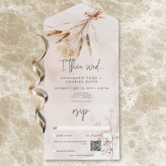 Invitation Tout En Un Boho Rustic Pampas & Bouquet d'herbe séchée QR Cod