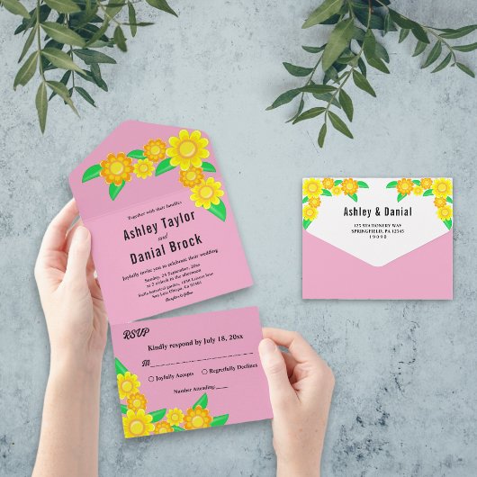 Invitation Tout En Un Boho Rustic Tournesol Blush été Floral Mariage