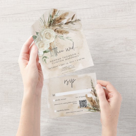 Invitation Tout En Un Boho Rustic White Roses & Pampas Mariage QR Code (Déchirure)