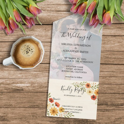 Invitation Tout En Un Boho rustique aquarelle mariage photo florale