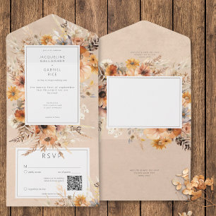 Invitation Tout En Un Boho Rustique Automne Pêche et rouille Floral QR C