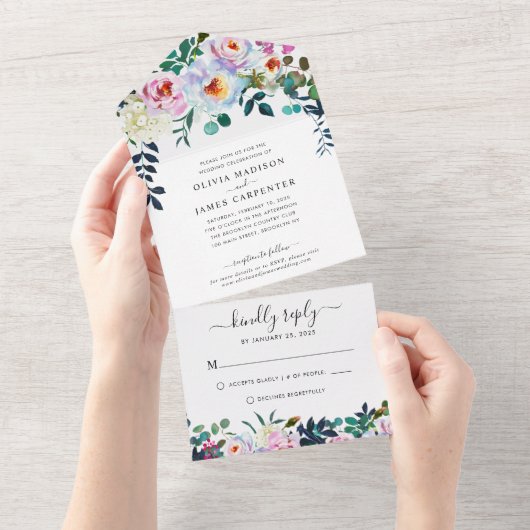 Invitation Tout En Un Boho Rustique Blush Rose Dusty Blue FlorMariage (Déchirure)