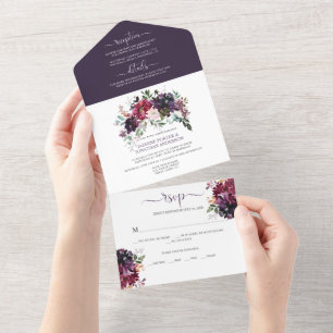 Invitation Tout En Un Boho Rustique Plum violet rose rouge Mariage Flora
