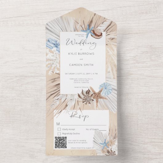 Invitation Tout En Un Boho Sand Tan Beach Code QR rustique (À l'intérieur)