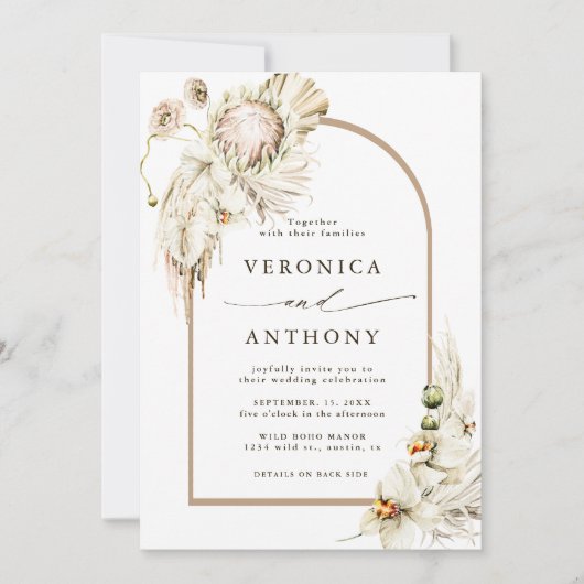Invitation Tout en un Boho sauvage Protea Pampas Mariage en h (Devant)