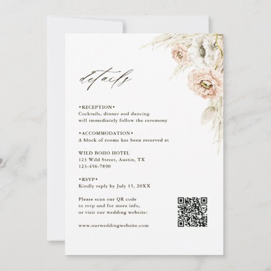 Invitation Tout en un Boho sauvage Protea Pampas Mariage en h (Dos)