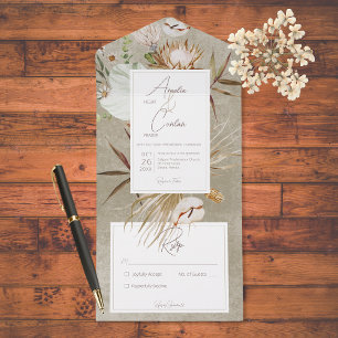 Invitation Tout En Un Boho Séché Neutre Cadre Floral Sage Pas De Dîner