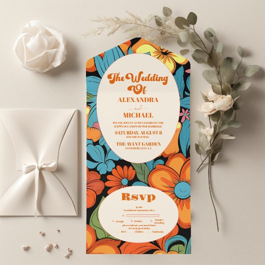Invitation Tout En Un Boho Seventies Mariage Floral rétro