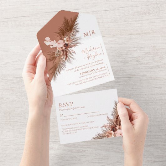 Invitation Tout En Un Boho Slant Floral Pampas Grass Terracotta Mariage (Déchirure)