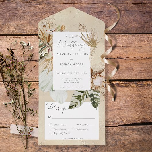 Invitation Tout En Un Boho Tan Floral Grass Dîner