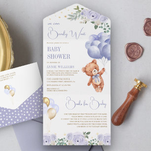 Invitation Tout En Un Boho Teddy Bear Balloons violets Baby shower Flora