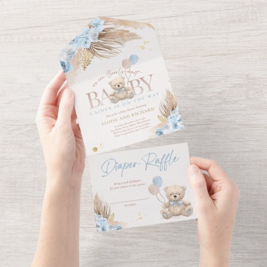 Invitation Tout En Un Boho Teddy Bear Boy Blue Bearly Wait Baby shower (Déchirure)