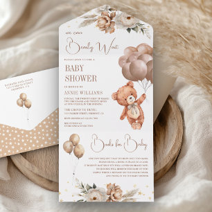 Invitation Tout En Un Boho Teddy Bear Brown Balloons Baby shower Floral