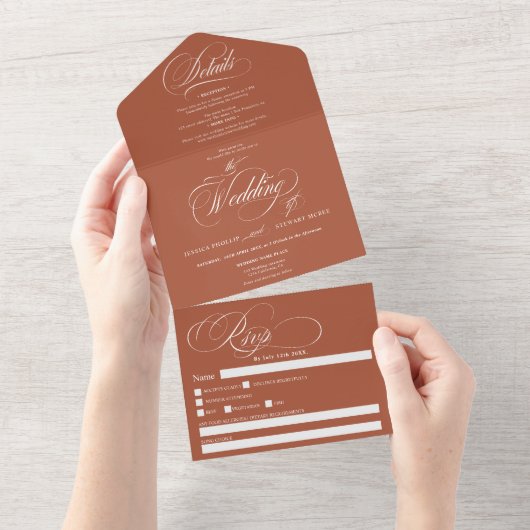 Invitation Tout En Un Boho terracotta élégant script calligraphie mariag (Déchirure)