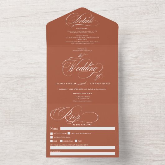 Invitation Tout En Un Boho terracotta élégant script calligraphie mariag (À l'intérieur)