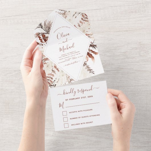 Invitation Tout En Un Boho Terracotta Pampas Grass Mariage beige (Déchirure)