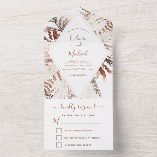 Invitation Tout En Un Boho Terracotta Pampas Grass Mariage beige (À l'intérieur)