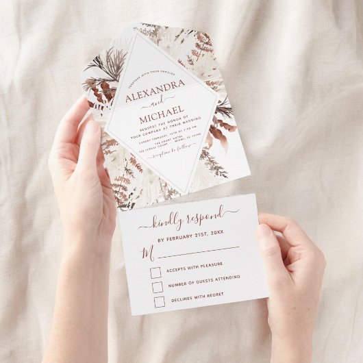 Invitation Tout En Un Boho Terracotta Pampas Grass Mariage beige