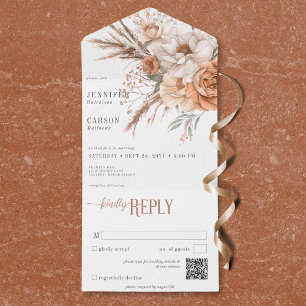 Invitation Tout En Un Boho Terracotta Pêche & Crème Floral Blanc QR Code