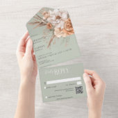 Invitation Tout En Un Boho Terracotta Pêche & Crème Floral Vert Code QR (Déchirure)