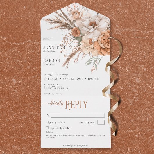 Invitation Tout En Un Boho Terracotta Pêche Crème Florale Blanc Pas de d