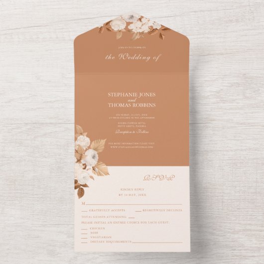 Invitation Tout En Un Boho Terracotta Peonies Tous en un mariage Inviter (À l'intérieur)