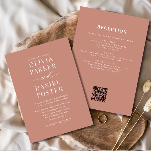 Invitation Tout en un Boho Terracotta QR Code Mariage